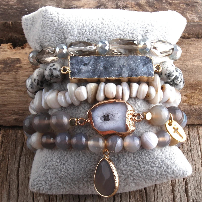 Nuevo conjunto de pulseras de cuentas bohemias de diseñador, juego de 5 pulseras y brazaletes de piedra natural y drusa para joyería de moda