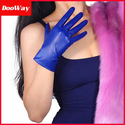 DooWay Women Real Leather Gloves Royal Blue Genuine Goatskin Sheepskin Wrist Short Vintage Classic Warm Driving Evening Glove