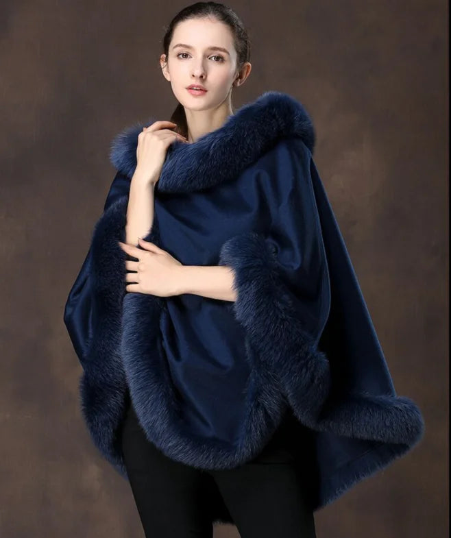 Women's Winter Cashmere and Wool Capes Best Fox Fur Trim Warm Wraps Poncho Party Dinner