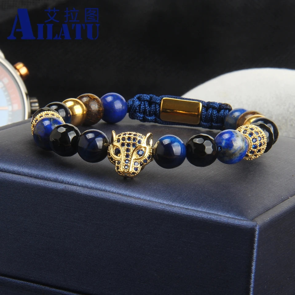 Ailatu New Blue Cz Panther Men Bracelet Wholesale 8mm Natural Tiger Eye Stone Macrame Leopard Jewelry with Stainless Steel Beads