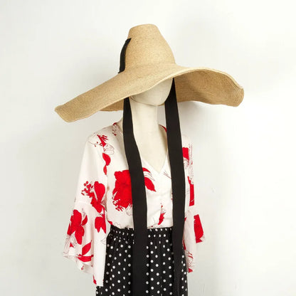 Sombrero de paja de gran tamaño para mujer, sombrero de ala ancha para el sol de verano, tejido a mano, con tirantes altos y cónicos, sombrero de playa grande de rafia, moda 2021