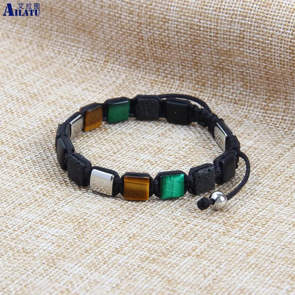 Ailatu 10 pcs/lot Bracelet tressé carré en pierre naturelle œil de tigre naturel Bracelet en acier inoxydable Bijoux personnalisés Cadeau de luxe pour hommes