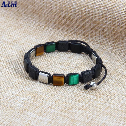 Ailatu 10pcs/lot Natural Stone Square Braiding Bracelet Natural Tiger Eye Stainless Steel Bangle Custom Jewelry Luxury Men Gift