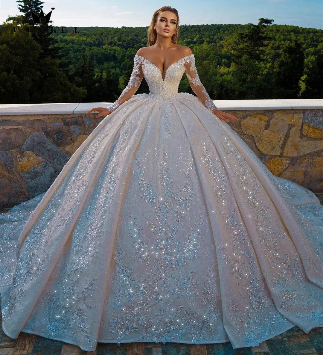 Robes de mariée luxueuses sur mesure, robe de bal, manches longues bouffantes, tulle, perles de cristal, paillettes, robes de mariée formelles pour femmes 2023