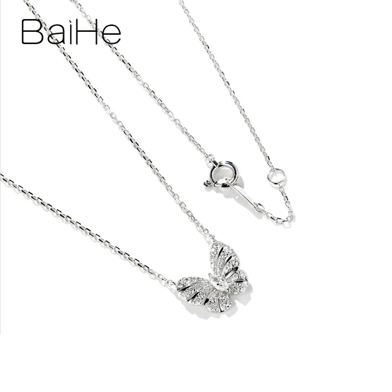 BAIHE Collier papillon en or blanc massif 18 carats avec diamants naturels et chaîne de clavicule pour femme Bijoux fins et tendance