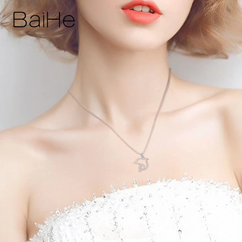 BAIHE solide 18K or blanc 0.68ct H/SI diamant naturel dauphin collier femmes bijoux fins collier Delfín Náhrdelník s delfínmi