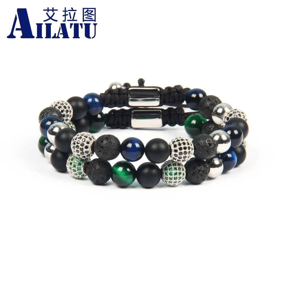 Ailatu 10 Pieces Brand New Green Cz Macrame Bracelet Men Natural Tiger Eye Stone Jewelry Stainless Steel Logo Beads Top Quality