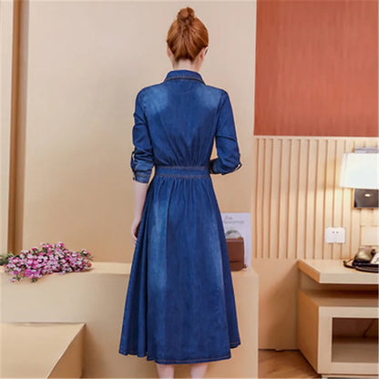 Spring and autumn style new Korean version of the lapel a-shaped mid-length long-sleeved fashion denim dress women