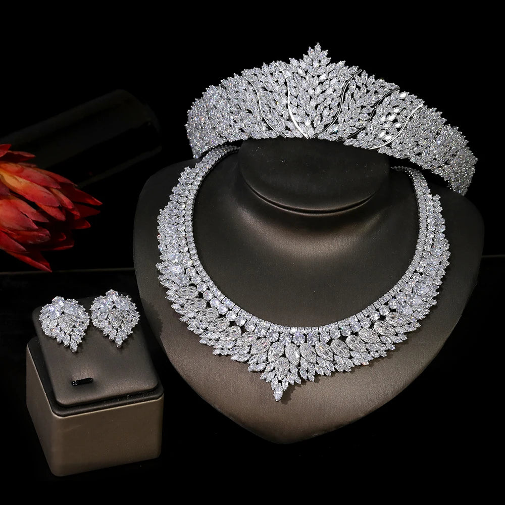 Luxury Wedding Shiny Bridal Jewellery, Bridal Wrown Necklace, Earrings, Ring And Bracelet 5-piece Set Bridal headdress