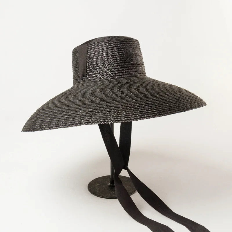 Chapeau de paille naturel teint à gros bord pour femme, vintage, personnalisé, plat, pour la plage, les voyages, protection solaire, noir, à lanières