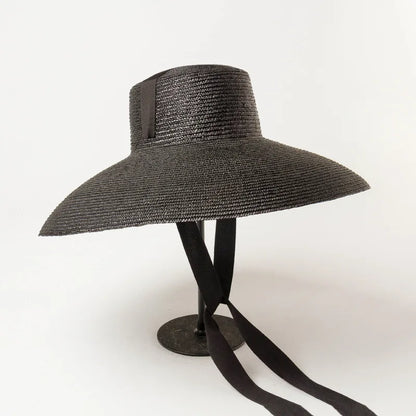 Spring Summer Vintage Custom Flat Top Big Brim Dyed Natural Straw Hat For Women Beach Travel Sunscreen Cap Black Strappy Sun Hat