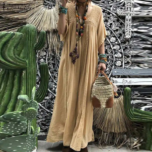 ZANZEA Vestido largo bohemio de mujer con encaje de crochet de verano con cuello en V y mangas acampanadas Vestido veraniego liso Caftán para fiesta en la playa Vestido holgado