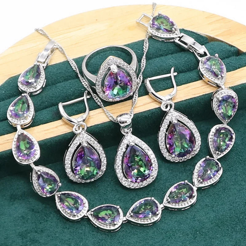 Water Drop  Rainbow Topaz 925 Silver Wedding Jewelry set for Women Party Bracelet Earrings Necklace pendant Ring