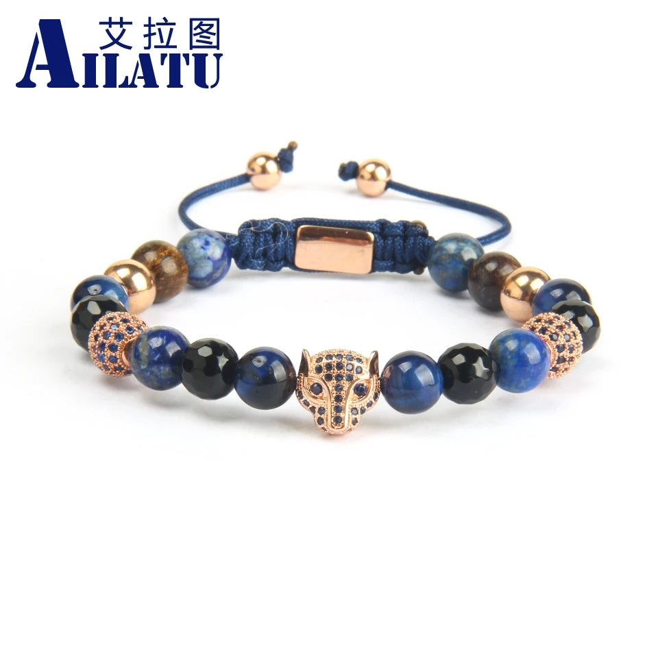 Ailatu New Blue Cz Panther Men Bracelet Wholesale 8mm Natural Tiger Eye Stone Macrame Leopard Jewelry with Stainless Steel Beads