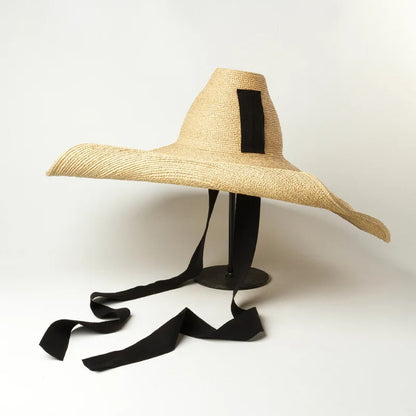 Chapeau de paille surdimensionné pour femmes, chapeau de soleil d'été à large bord, tricoté à la main, bretelles hautes effilées, grand chapeau de plage en raphia, mode 2021