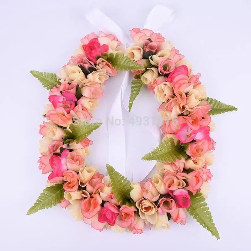 Free Shipping HL00019 24pcs/lot Artifical Silk Rose Bud Lei Tropical Flower Hawaiian Necklace Woman Wear Wholesale