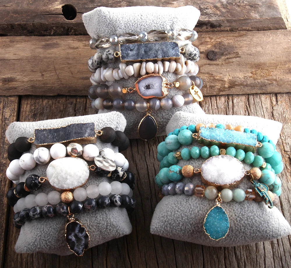 Nuevo conjunto de pulseras de cuentas bohemias de diseñador, juego de 5 pulseras y brazaletes de piedra natural y drusa para joyería de moda