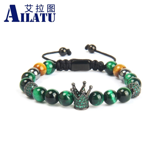 Ailatu 10pcs/Lot New Couples Crown Sets Bracelet Green & Rose Natural Tiger Eye Stone Beads Thread Wave Macrame Jewelry