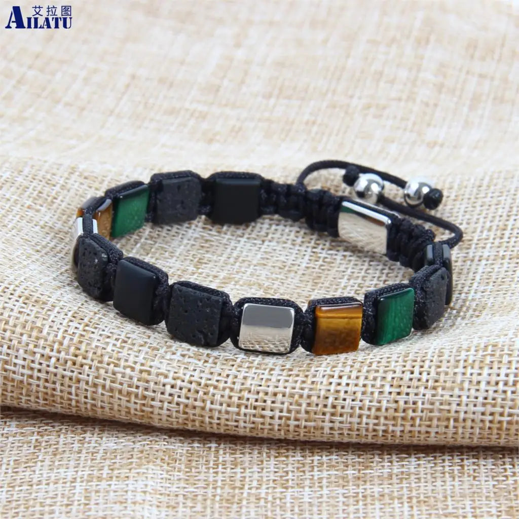 Ailatu 10 pcs/lot Bracelet tressé carré en pierre naturelle œil de tigre naturel Bracelet en acier inoxydable Bijoux personnalisés Cadeau de luxe pour hommes