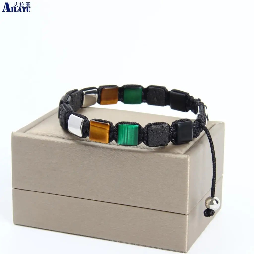 Ailatu 10 pcs/lot Bracelet tressé carré en pierre naturelle œil de tigre naturel Bracelet en acier inoxydable Bijoux personnalisés Cadeau de luxe pour hommes