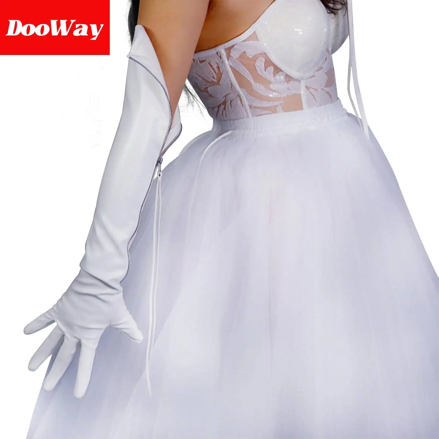 DooWay Femmes Opéra Longueur Gants À Glissière Simili Cuir Long Gant Blanc 24 pouces Mariage Soirée Fête Dressing Gant Cosplay