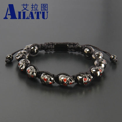 Bracelet tête de mort pour homme Ailatu - Bijoux tendance en zircone rouge - Service de logo gratuit - Qualité supérieure