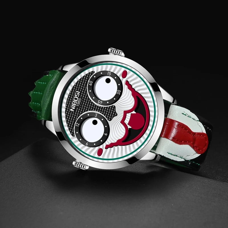 Nuevo reloj de lujo Joker para hombre, marca superior, personalidad creativa de moda, payaso, cuarzo, cuero, relojes deportivos impermeables para hombre