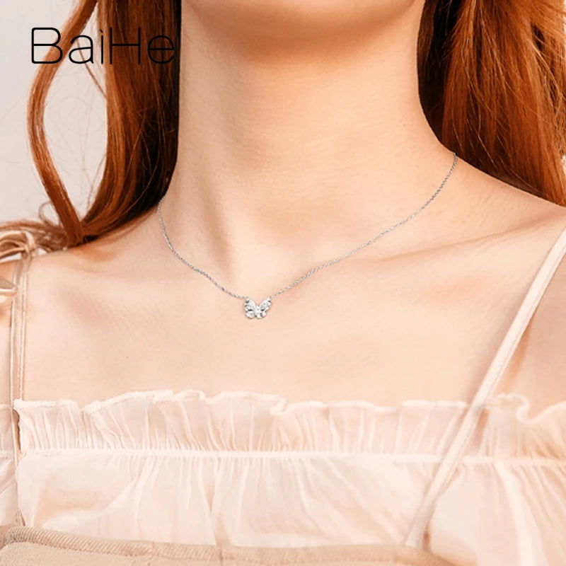 BAIHE Collier papillon en or blanc massif 18 carats avec diamants naturels et chaîne de clavicule pour femme Bijoux fins et tendance