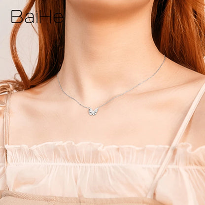 BAIHE Collier papillon en or blanc massif 18 carats avec diamants naturels et chaîne de clavicule pour femme Bijoux fins et tendance