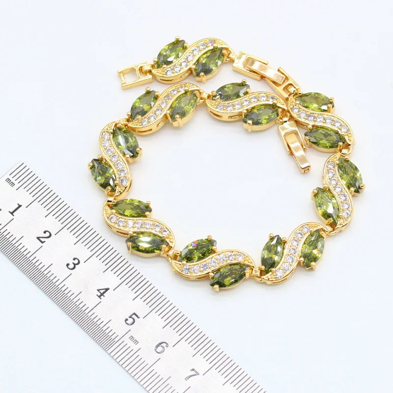 Conjuntos de joyas de lujo chapados en oro con peridoto verde para mujer, aretes, collar, colgante, anillo, pulsera, regalo de cumpleaños