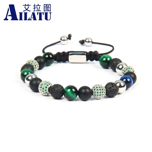 Ailatu 10 Pieces Brand New Green Cz Macrame Bracelet Men Natural Tiger Eye Stone Jewelry Stainless Steel Logo Beads Top Quality