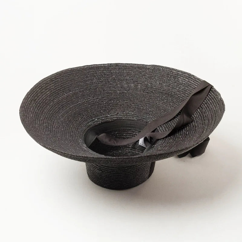 Chapeau de paille naturel teint à gros bord pour femme, vintage, personnalisé, plat, pour la plage, les voyages, protection solaire, noir, à lanières