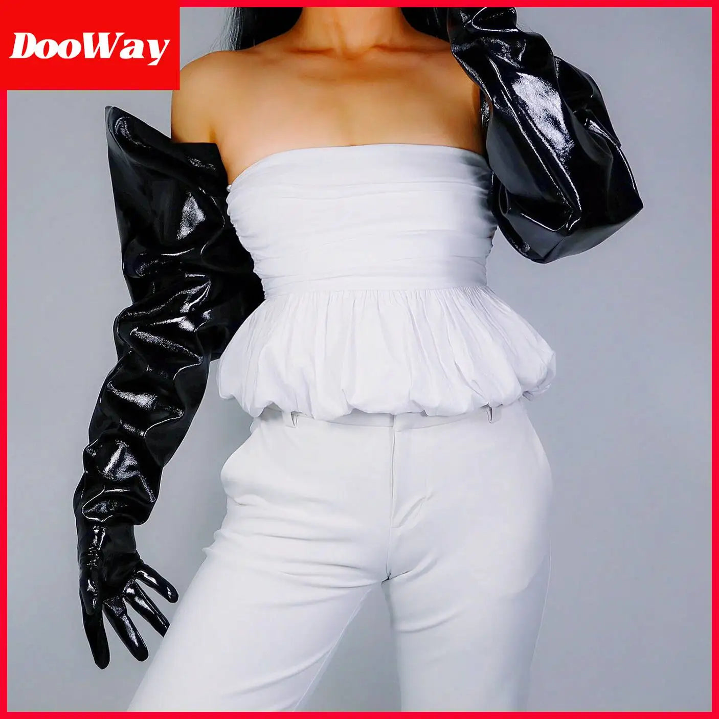 DooWay Fashion Extra Long Faux Leather Oversize Gloves Puff Sleeves Unisex PU Wide Large Size Shiny Black Evening Party Event