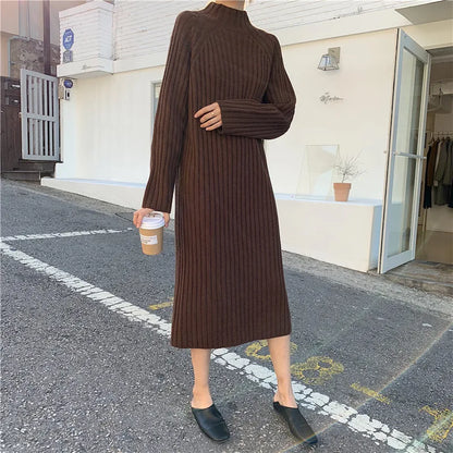 Women Winter basic Long Sweater Dress Turtleneck long sleeve Elegant solid color brief slim Knitted dresses pullovers