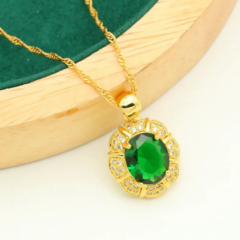 Nuevos conjuntos de joyas de color dorado para mujer, boda, pulsera de circonita verde, pendientes con clip para la oreja, collar, colgante, anillo, regalo, 4 piezas