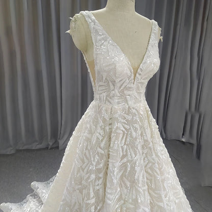 LSQX10 Luxury Wedding Dress 2020 Lace Up Back Ball Gown Short Sleeves Beaded Crystal Lace пляжное платье