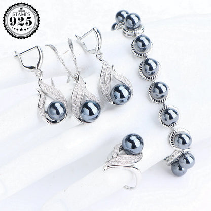 Ensemble de bijoux en perles noires en argent 925 pour mariée, bracelet en pierre CZ blanche, bague, boucles d'oreilles pour femmes, bijoux de mariage, pendentifs, ensemble de collier