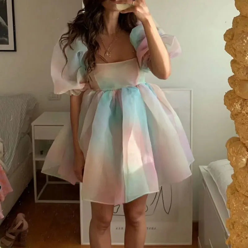 Vestido de princesa con tutú de tul y mangas abullonadas para mujer, vestido de hada mini con cuello cuadrado y falda de burbuja con volantes de malla para boda, fiesta de noche y graduación