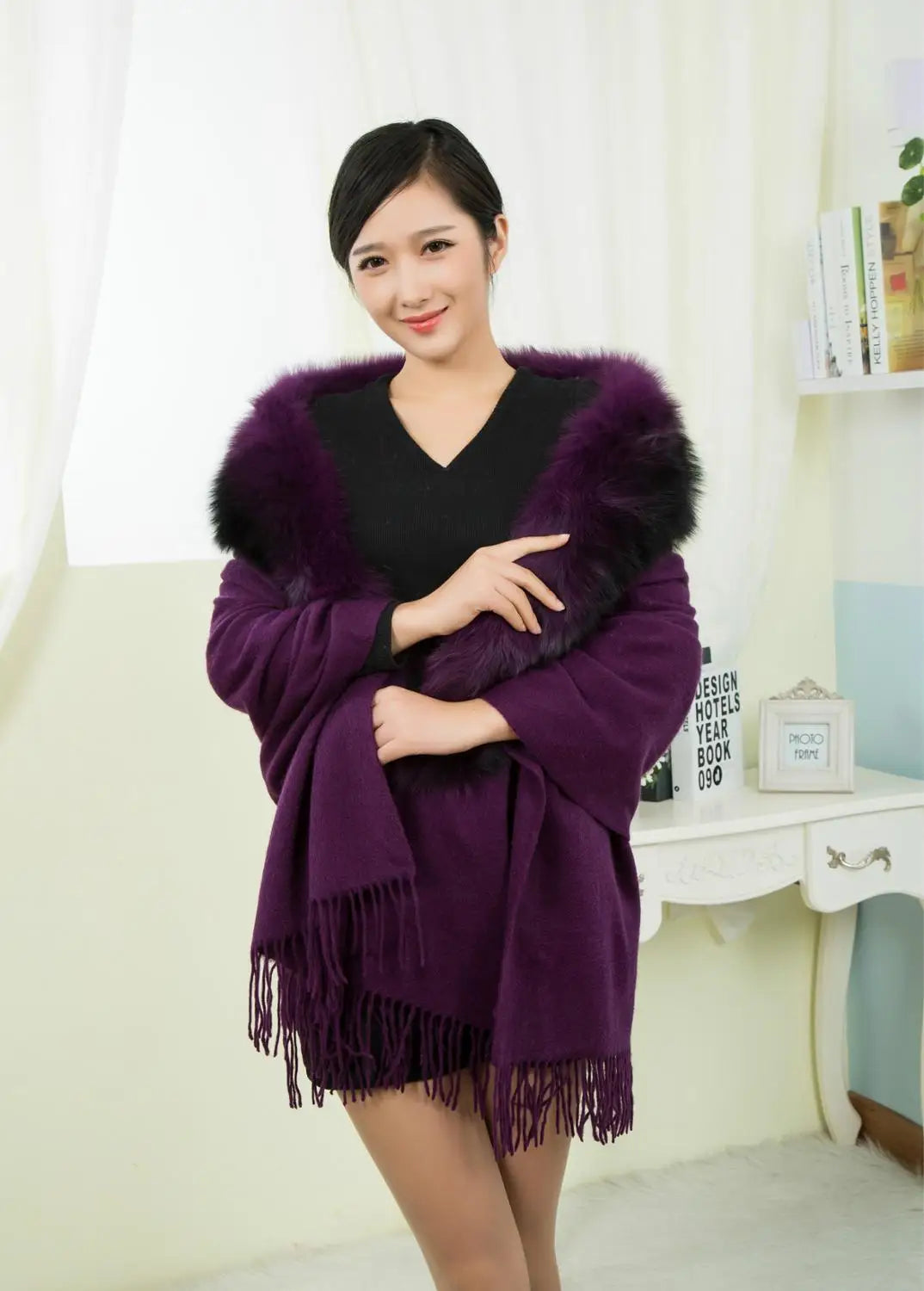 7 Colors Women Luxury Soft Fox Fur Collar Loose Pashmina  Winter Warm Tassel Shawl Capes Long Wool Cashmere Outstreet Wear Scarf