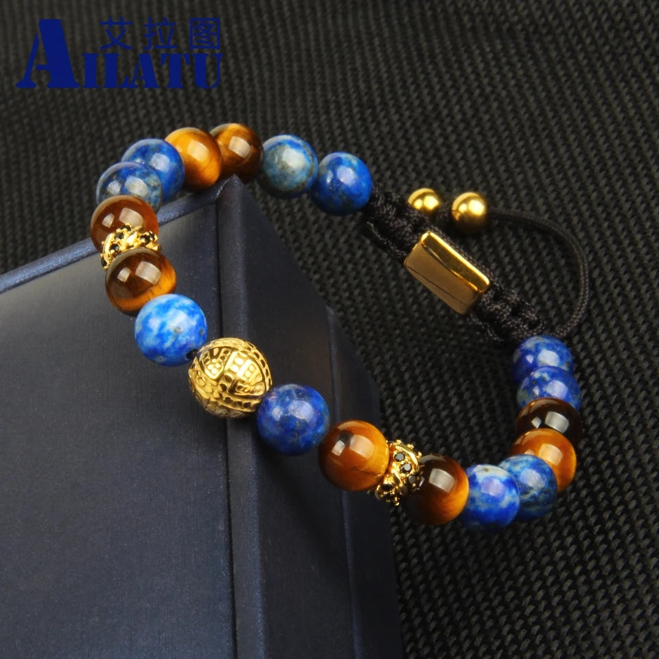 Ailatu 10 Pieces Stainless Steel Cross Macrame Bracelet with 8mm Nautural Lapis & Tiger Eye Stone Beads Top Quality