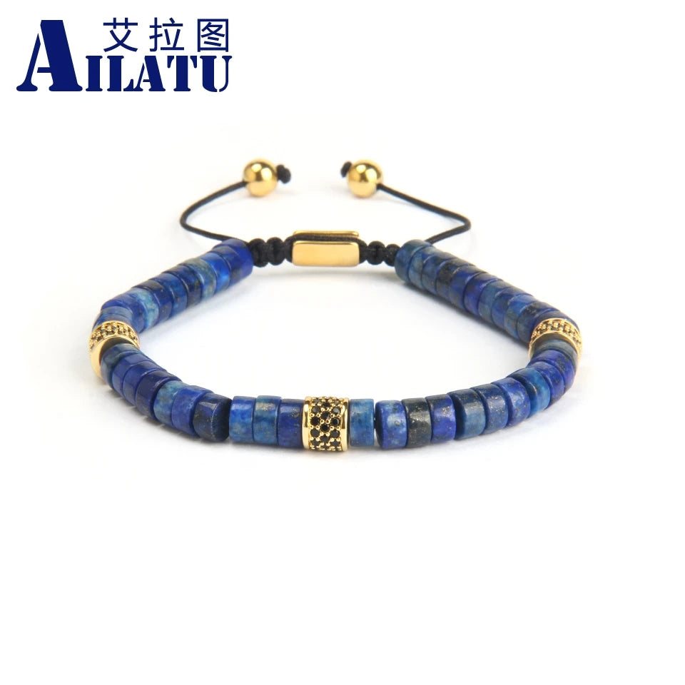 Ailatu Men's Macrame Bracelet with 6mm Lapis Lazuli & African Stone Beads Couples Jewelry Top Quality Free Logo Service