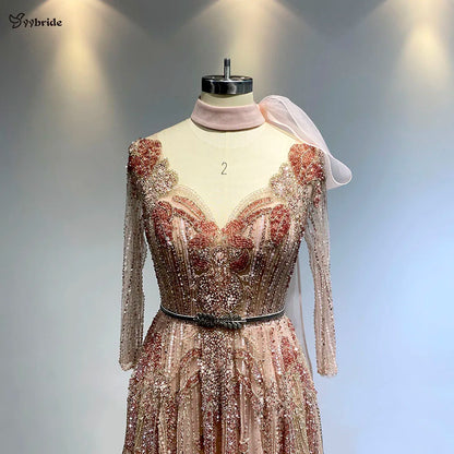 YYbride Newest V Neck Long Sleeves Light Pink Floor Length Evening Dress Colorful Crystals Customized Service Celebrity Dresses