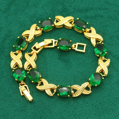 Nuevos conjuntos de joyas de color dorado para mujer, boda, pulsera de circonita verde, pendientes con clip para la oreja, collar, colgante, anillo, regalo, 4 piezas