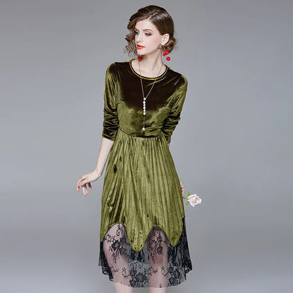 2023 autumn new velvet pleated lace long dress fit and flare Wrist sleeve Mid-Calf with lace O-Neck Dresses