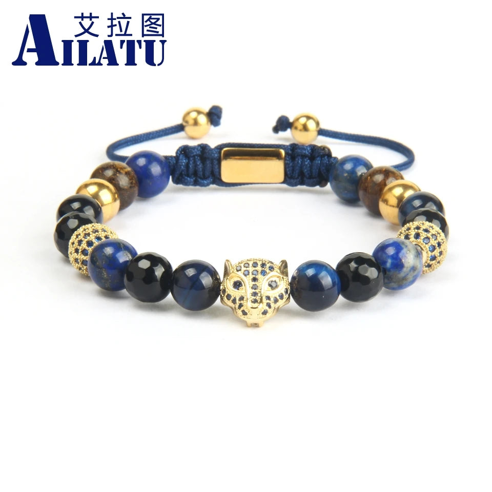 Ailatu New Blue Cz Panther Men Bracelet Wholesale 8mm Natural Tiger Eye Stone Macrame Leopard Jewelry with Stainless Steel Beads