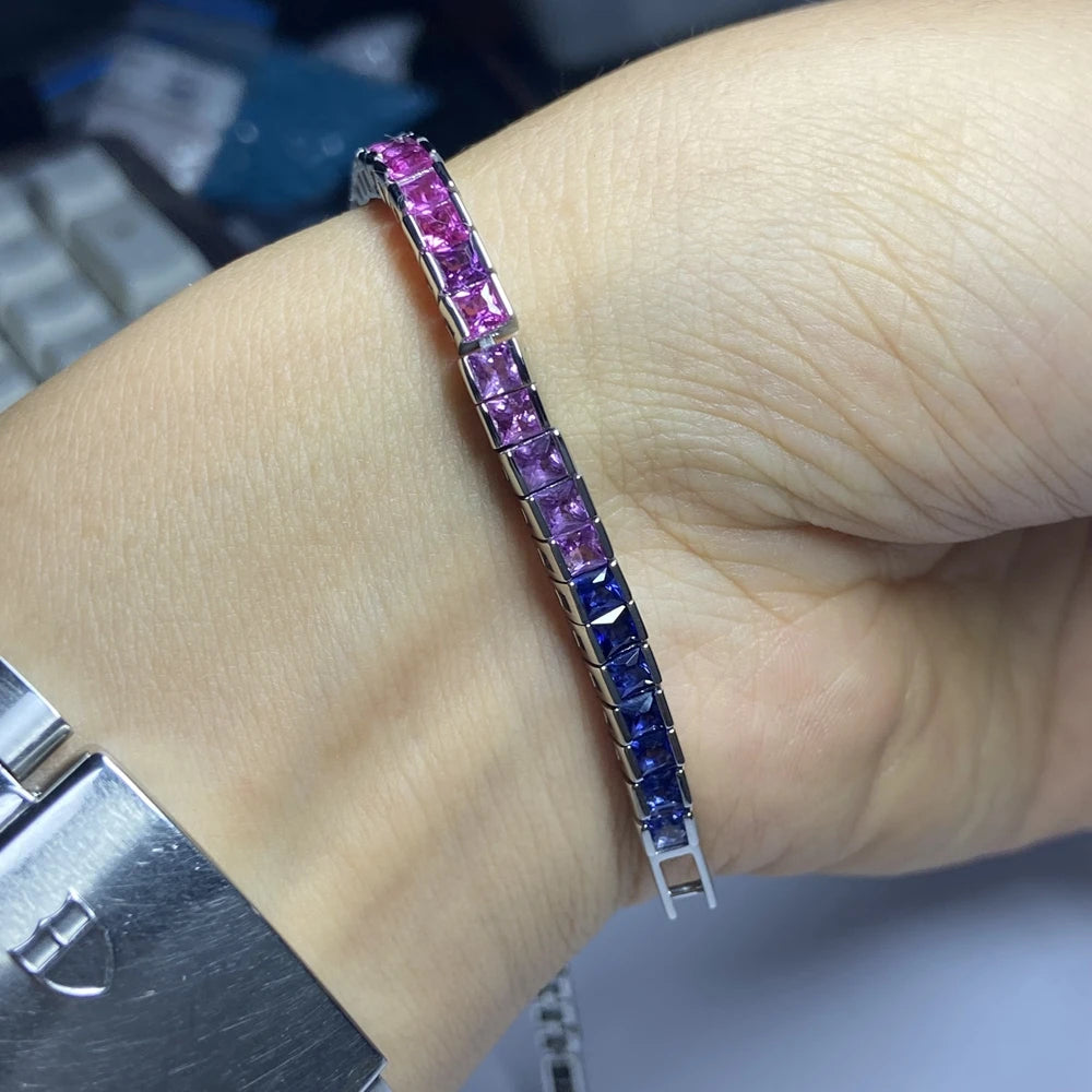 Bracelet à maillons de tennis Meisidian 3X3MM Rainbow Sapphire 18cm en acier inoxydable plaqué or blanc