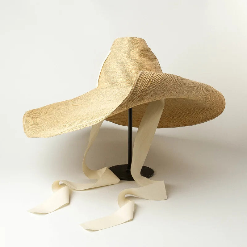 Sombrero de paja de gran tamaño para mujer, sombrero de ala ancha para el sol de verano, tejido a mano, con tirantes altos y cónicos, sombrero de playa grande de rafia, moda 2021