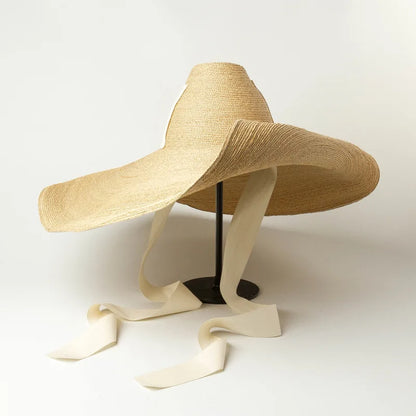 Sombrero de paja de gran tamaño para mujer, sombrero de ala ancha para el sol de verano, tejido a mano, con tirantes altos y cónicos, sombrero de playa grande de rafia, moda 2021