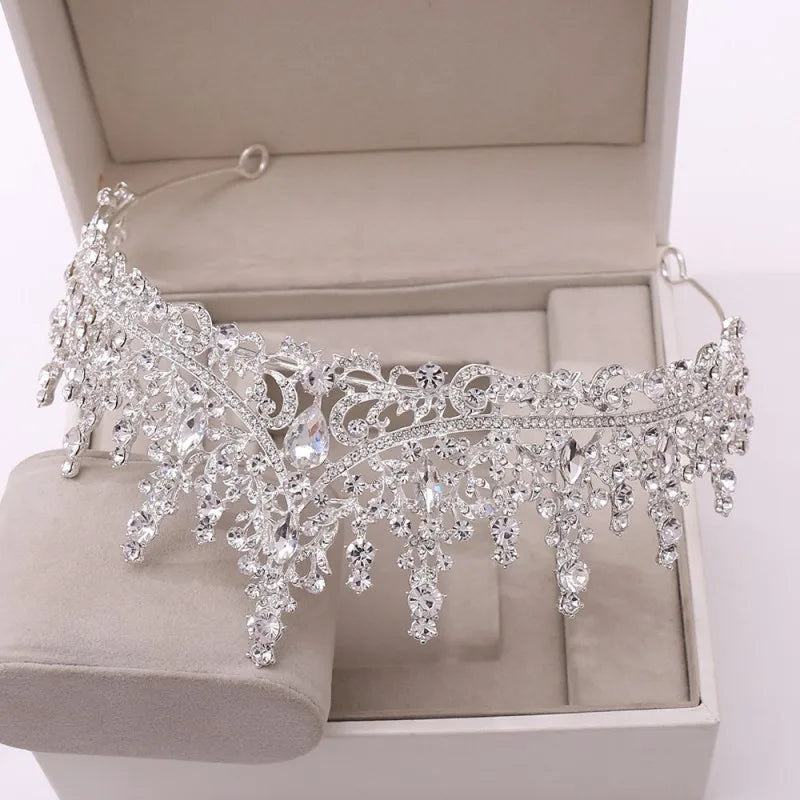 Ensemble de bijoux de mariée de luxe en cristal couleur argent avec goutte d'eau, diadèmes en strass, couronne, collier, boucles d'oreilles, ensemble de bijoux de mariage de Dubaï