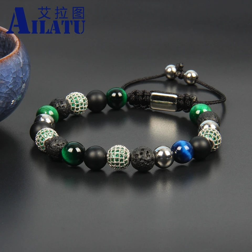 Ailatu 10 piezas nuevas pulseras de macramé con circonita cúbica verde para hombre, joyería con piedra de ojo de tigre natural, cuentas de acero inoxidable con logotipo de alta calidad